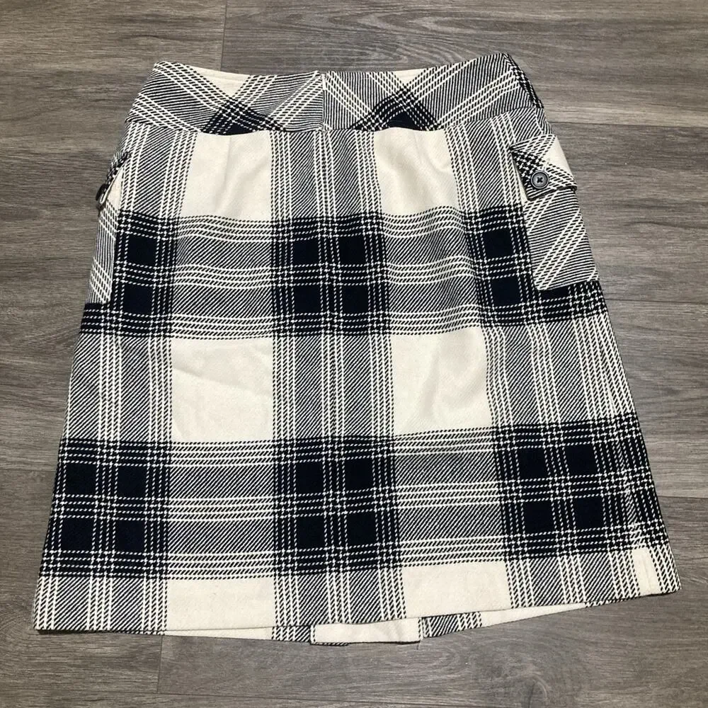 Vtg 90’s Talbots Wool Blend Skirt Ivory Black Plaid Pockets Lined Schoolgirl 10